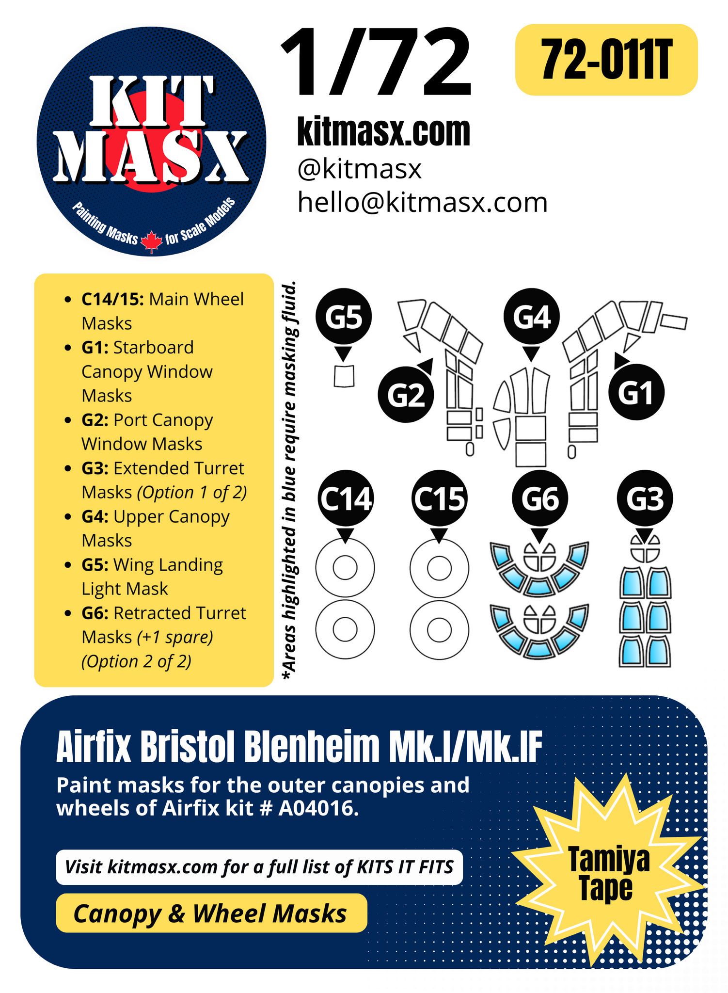 Airfix Bristol Blenheim Mk.I/Mk.IF 1/72 Canopy & Wheel Paint Masks, Kit # A04016