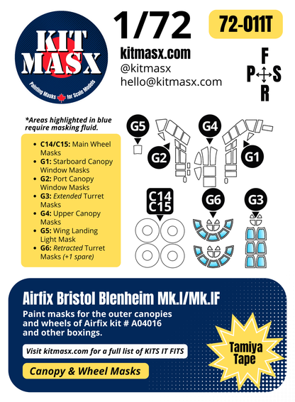 Airfix Bristol Blenheim Mk.I/Mk.IF 1/72 Canopy & Wheel Paint Masks, Kit # A04016