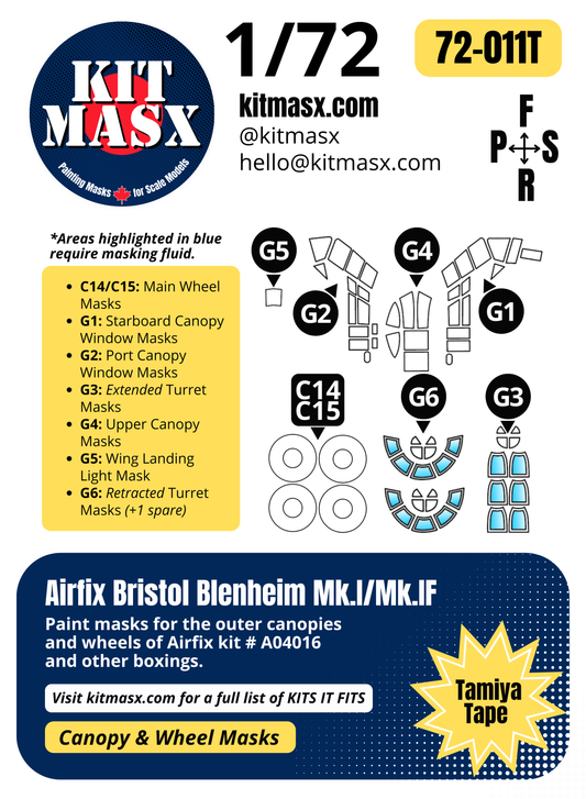Airfix Bristol Blenheim Mk.I/Mk.IF 1/72 Canopy & Wheel Paint Masks, Kit # A04016