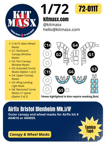 Airfix Bristol Blenheim Mk.I/IF 1/72 Canopy & Wheel Paint Masks, Kit # A04016