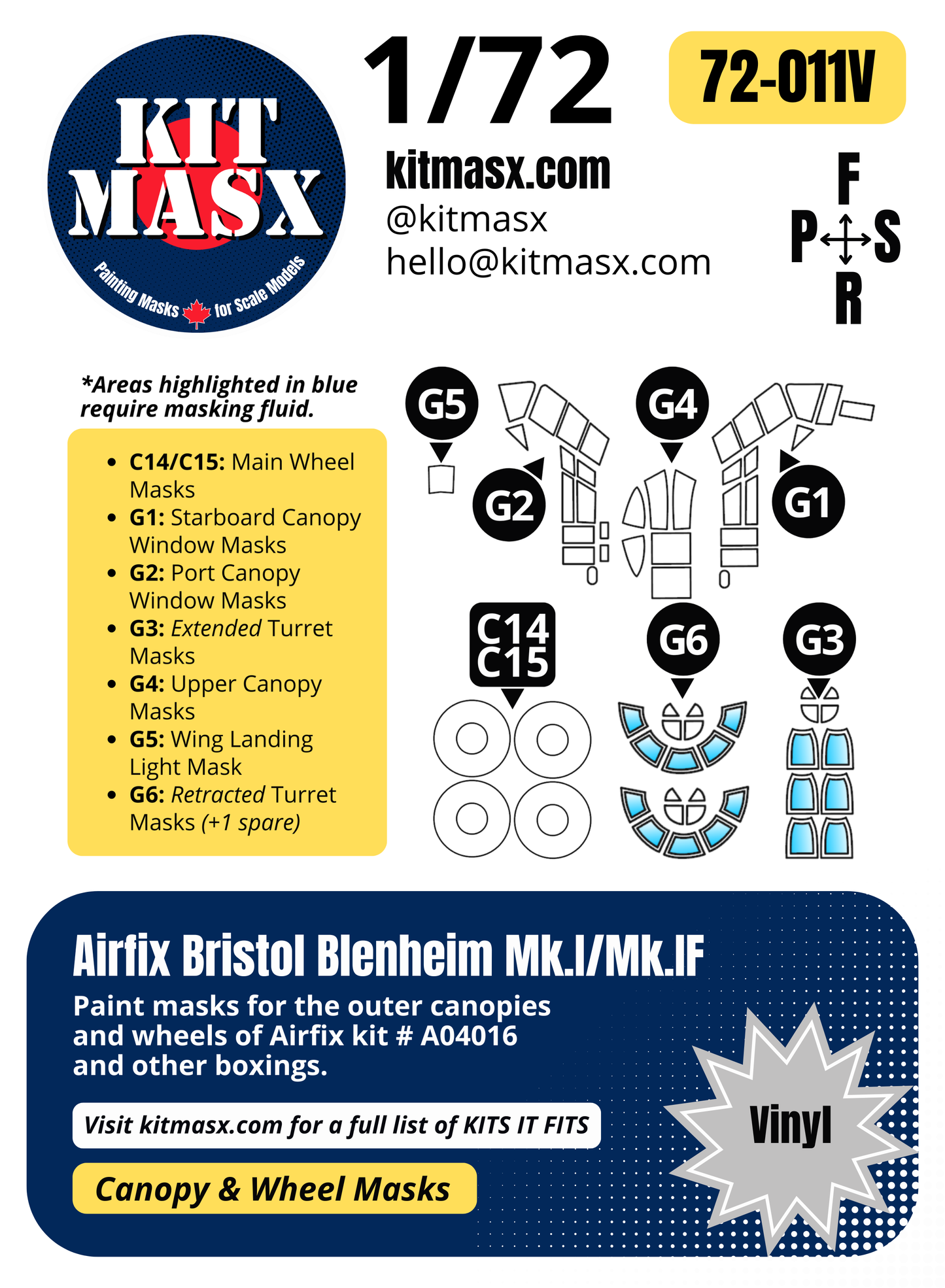 Airfix Bristol Blenheim Mk.I/Mk.IF 1/72 Canopy & Wheel Paint Masks, Kit # A04016
