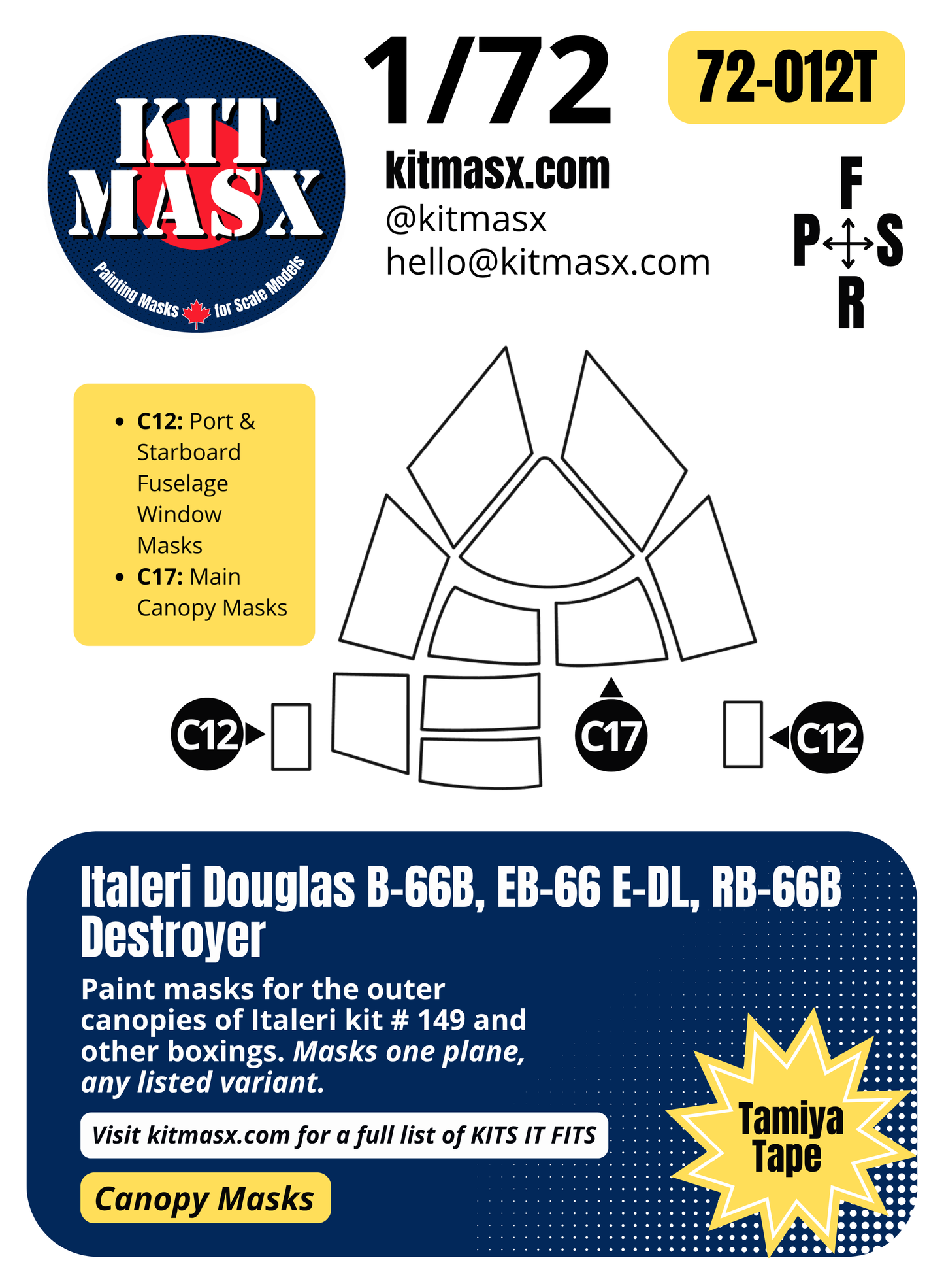 Italeri Douglas B-66B, EB-66 E-DL, RB-66B Destroyer 1/72 Canopy Paint Masks, Kit # 149