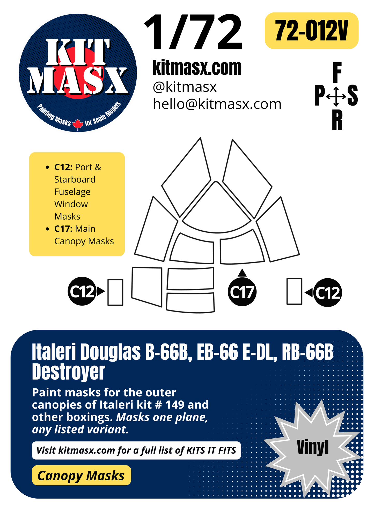 Italeri Douglas B-66B, EB-66 E-DL, RB-66B Destroyer 1/72 Canopy Paint Masks, Kit # 149