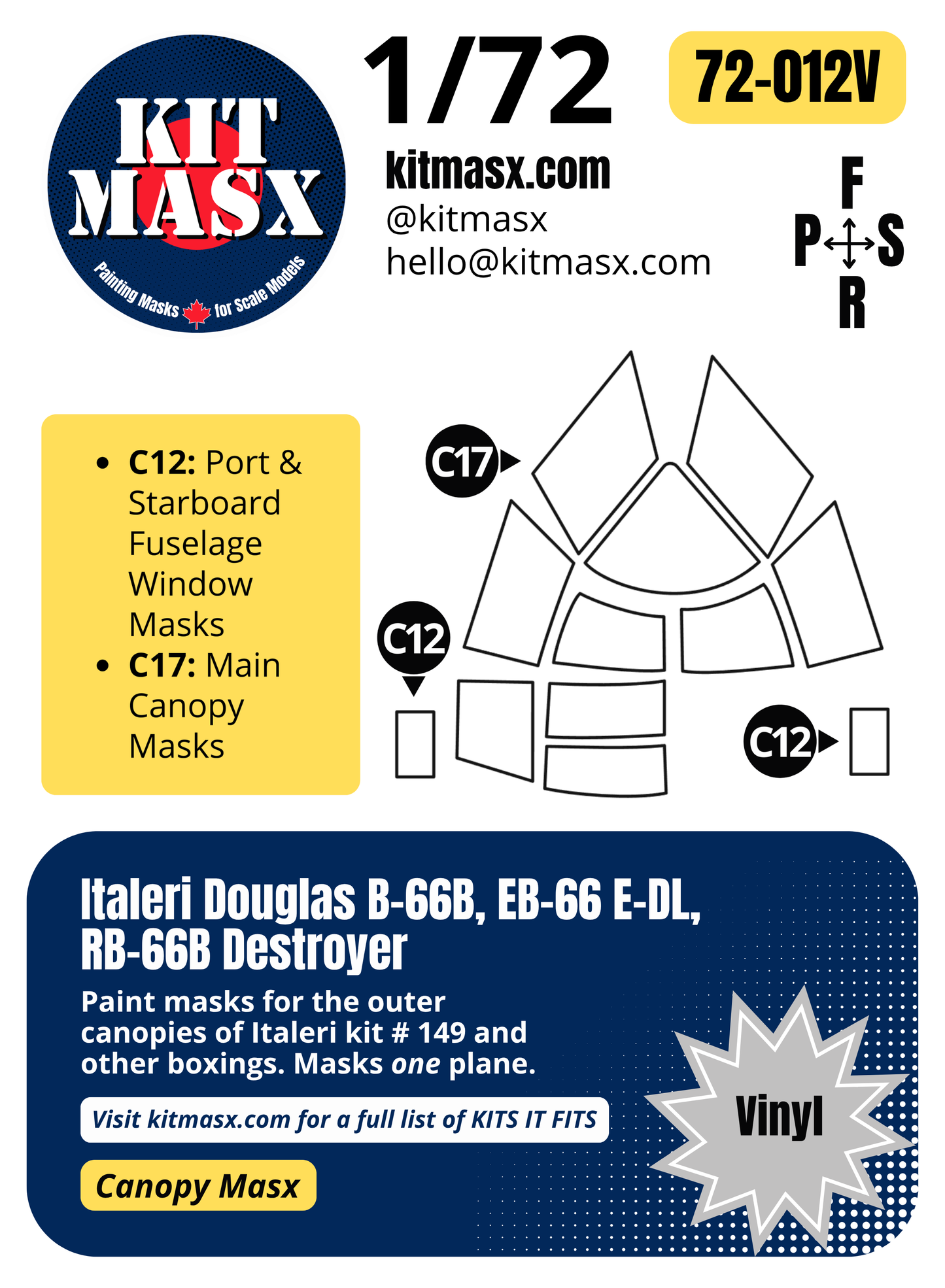 Italeri Douglas B-66B, EB-66 E-DL, RB-66B Destroyer 1/72 Canopy Paint Masks, Kit # 149