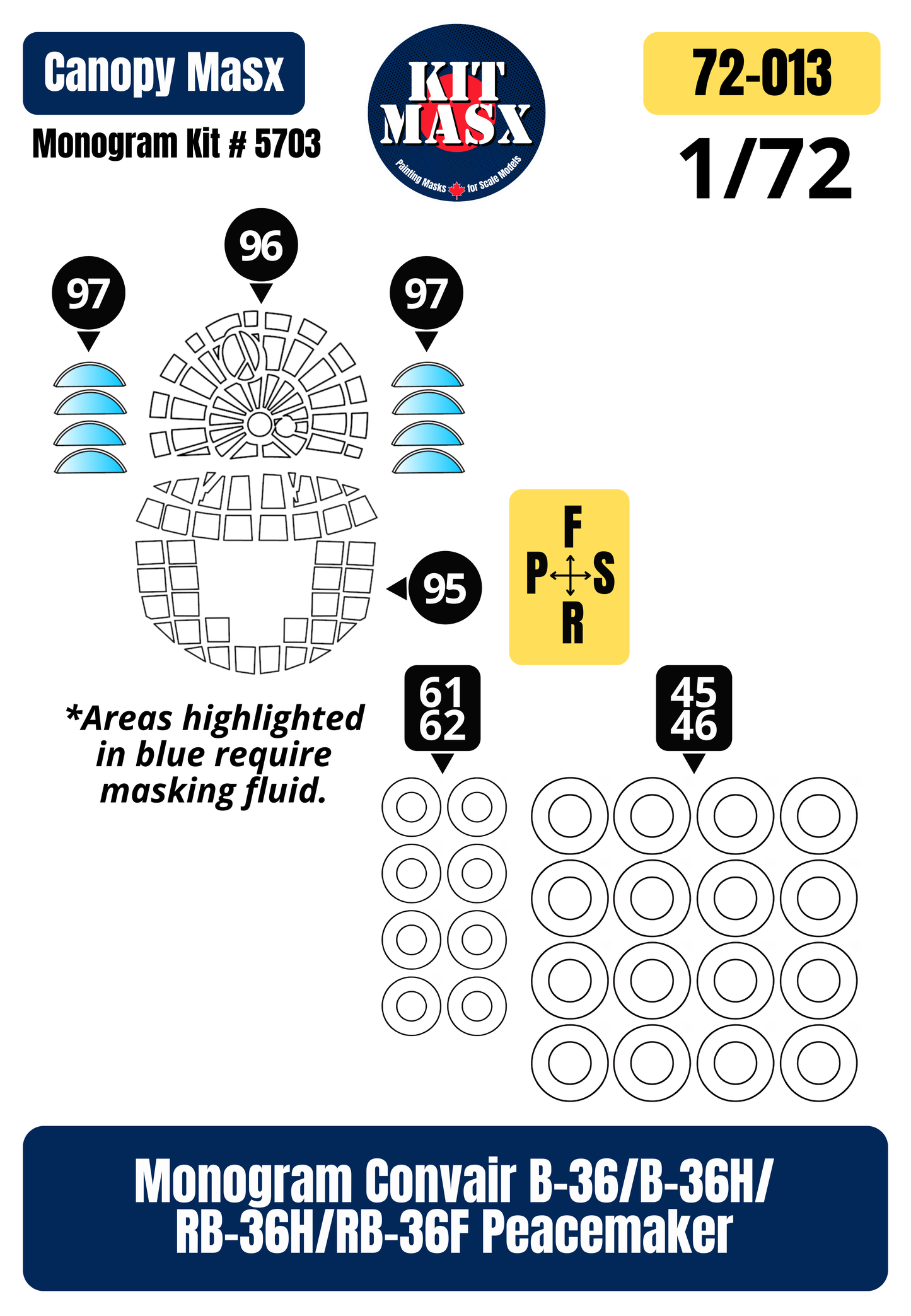 Monogram Convair B-36/B-36H/RB-36H/RB-36F Peacemaker 1/72 Canopy & Wheel Paint Masks, Kit # 5703 (72013)