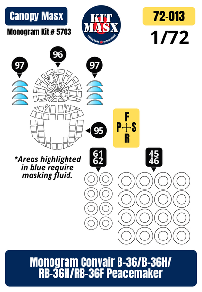 Monogram Convair B-36/B-36H/RB-36H/RB-36F Peacemaker 1/72 Canopy & Wheel Paint Masks, Kit # 5703 (72013)