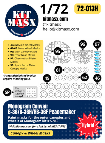 Monogram Convair B-36/B-36H/RB-36F Peacemaker 1/72 Canopy & Wheel Paint Masks, Kit # 5703