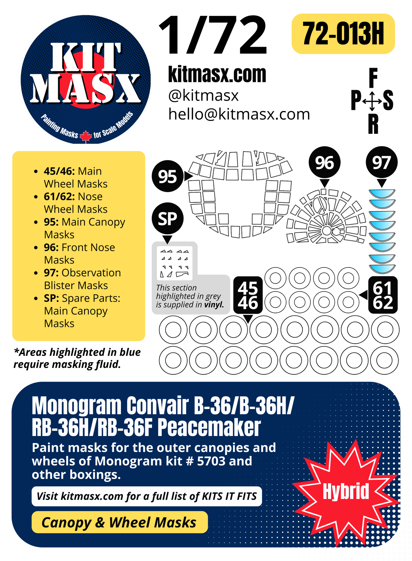 Monogram Convair B-36/B-36H/RB-36H/RB-36F Peacemaker 1/72 Canopy & Wheel Paint Masks, Kit # 5703