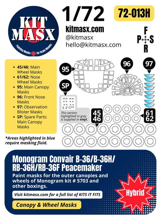 Monogram Convair B-36/B-36H/RB-36H/RB-36F Peacemaker 1/72 Canopy & Wheel Paint Masks, Kit # 5703