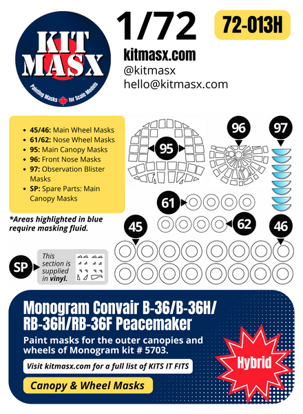 Monogram Convair B-36/B-36H/RB-36H/RB-36F Peacemaker 1/72 Canopy & Wheel Paint Masks, Kit # 5703