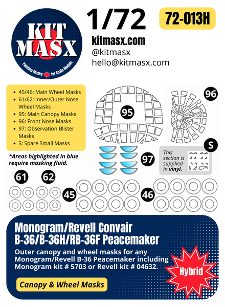 Monogram/Revell Convair B-36/B-36H/RB-36F Peacemaker 1/72 Canopy & Wheel Paint Masks