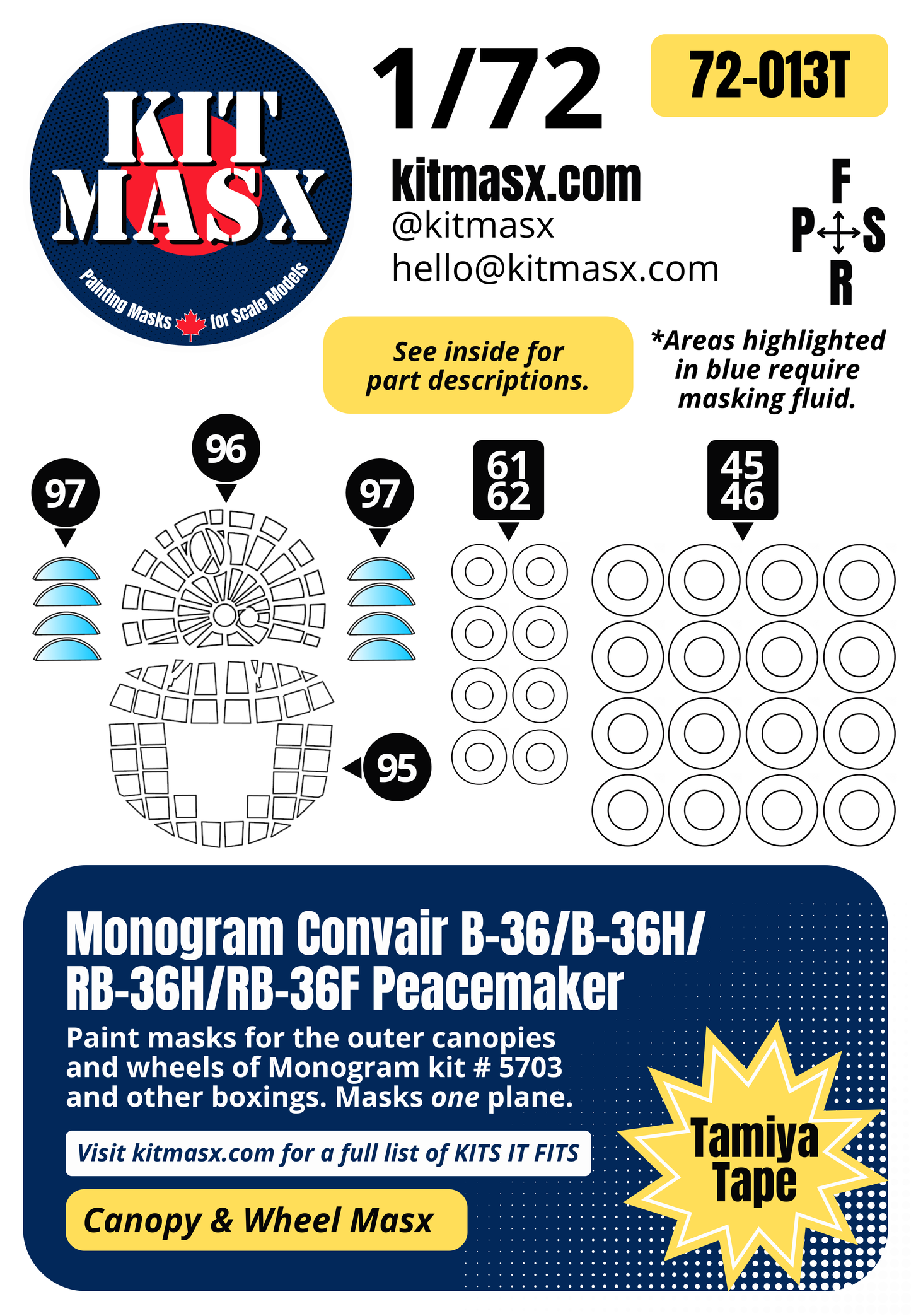 Monogram Convair B-36/B-36H/RB-36H/RB-36F Peacemaker 1/72 Canopy & Wheel Paint Masks, Kit # 5703 (72013)