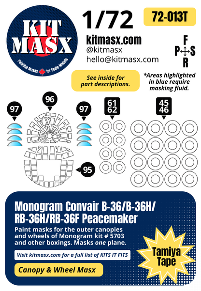 Monogram Convair B-36/B-36H/RB-36H/RB-36F Peacemaker 1/72 Canopy & Wheel Paint Masks, Kit # 5703 (72013)