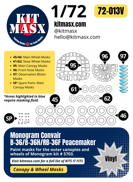 Monogram Convair B-36/B-36H/RB-36F Peacemaker 1/72 Canopy & Wheel Paint Masks, Kit # 5703