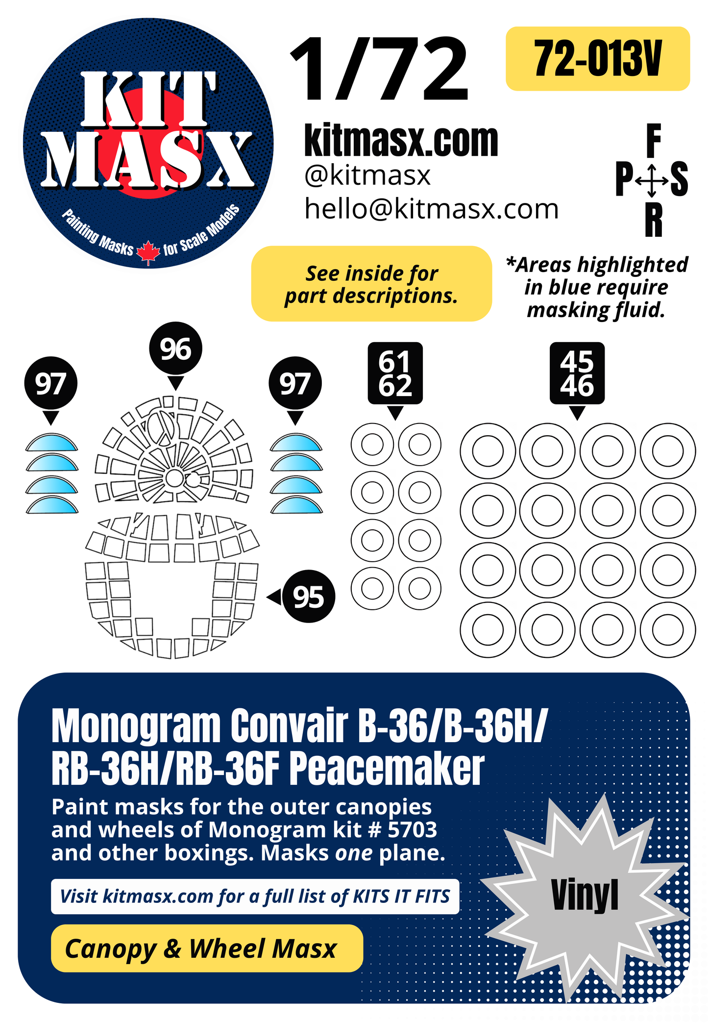 Monogram Convair B-36/B-36H/RB-36H/RB-36F Peacemaker 1/72 Canopy & Wheel Paint Masks, Kit # 5703 (72013)