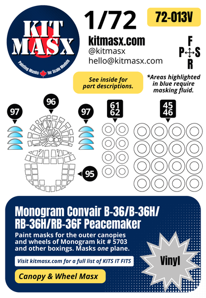 Monogram Convair B-36/B-36H/RB-36H/RB-36F Peacemaker 1/72 Canopy & Wheel Paint Masks, Kit # 5703 (72013)