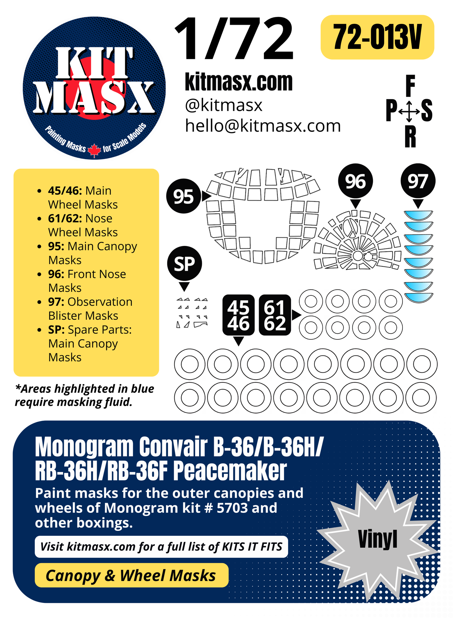 Monogram Convair B-36/B-36H/RB-36H/RB-36F Peacemaker 1/72 Canopy & Wheel Paint Masks, Kit # 5703