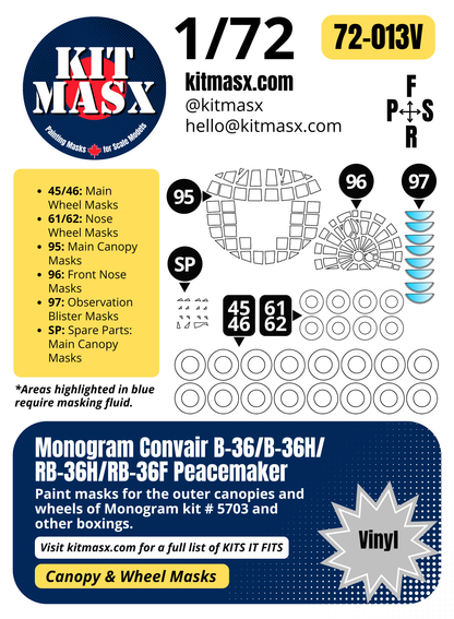 Monogram Convair B-36/B-36H/RB-36H/RB-36F Peacemaker 1/72 Canopy & Wheel Paint Masks, Kit # 5703