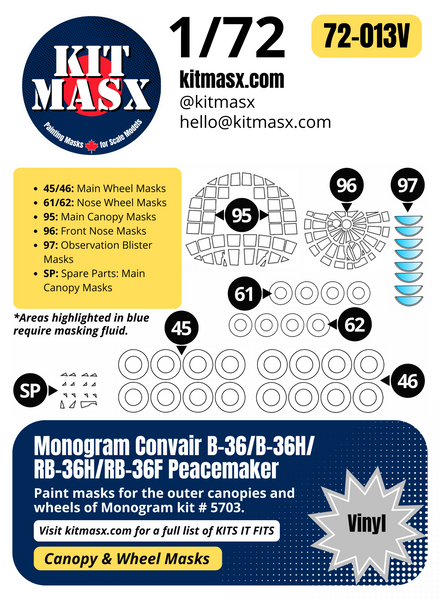 Monogram Convair B-36/B-36H/RB-36H/RB-36F Peacemaker 1/72 Canopy & Wheel Paint Masks, Kit # 5703