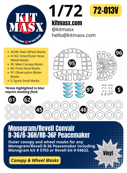 Monogram/Revell Convair B-36/B-36H/RB-36F Peacemaker 1/72 Canopy & Wheel Paint Masks