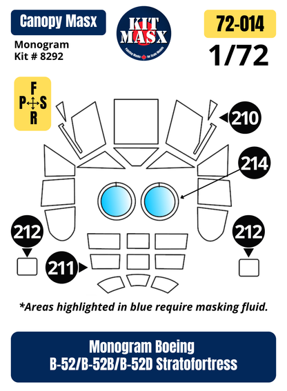 Monogram Boeing B-52/B-52B/B-52D Stratofortress 1/72 Canopy Paint Masks, Kit # 8292 (72014)
