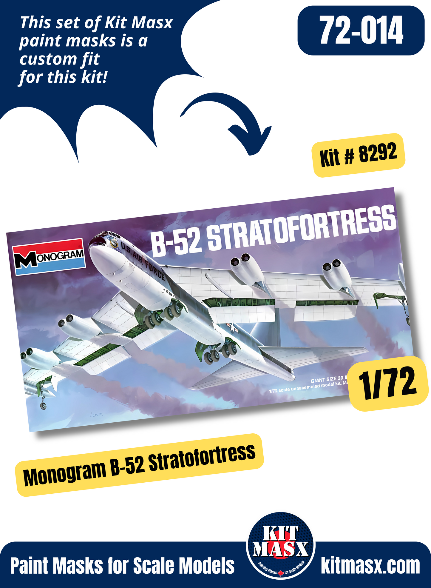 Monogram Boeing B-52/B-52B/B-52D Stratofortress 1/72 Canopy Paint Masks, Kit # 8292