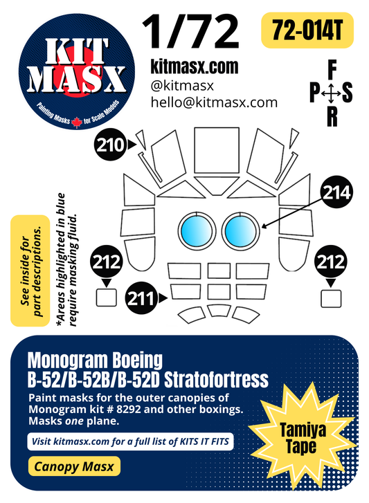 Monogram Boeing B-52/B-52B/B-52D Stratofortress 1/72 Canopy Paint Masks, Kit # 8292 (72014)