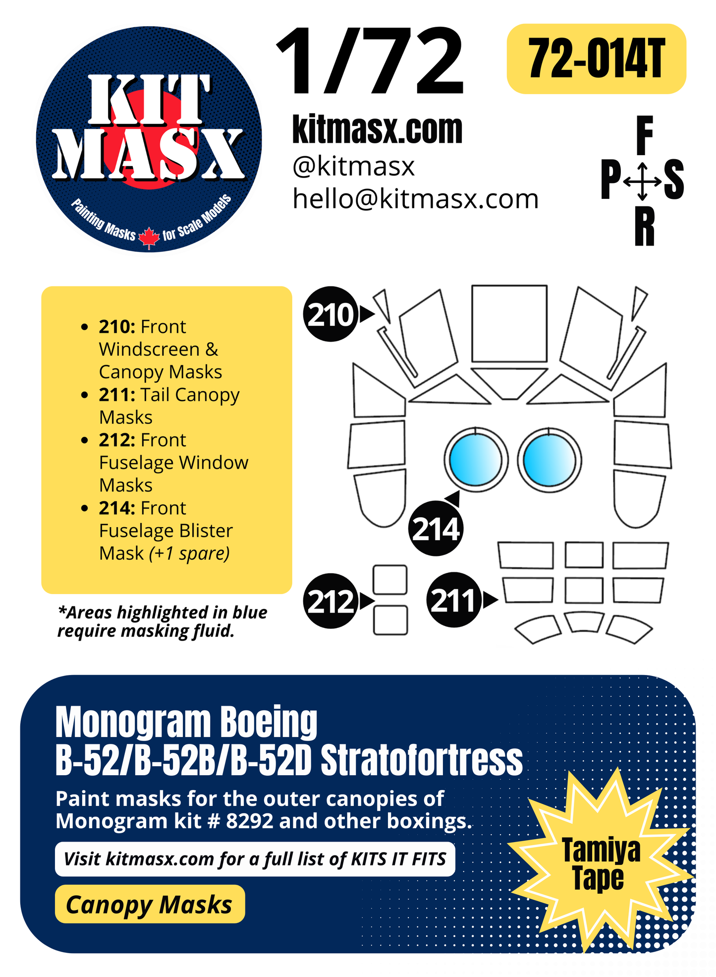Monogram Boeing B-52/B-52B/B-52D Stratofortress 1/72 Canopy Paint Masks, Kit # 8292
