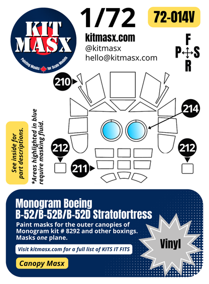 Monogram Boeing B-52/B-52B/B-52D Stratofortress 1/72 Canopy Paint Masks, Kit # 8292 (72014)