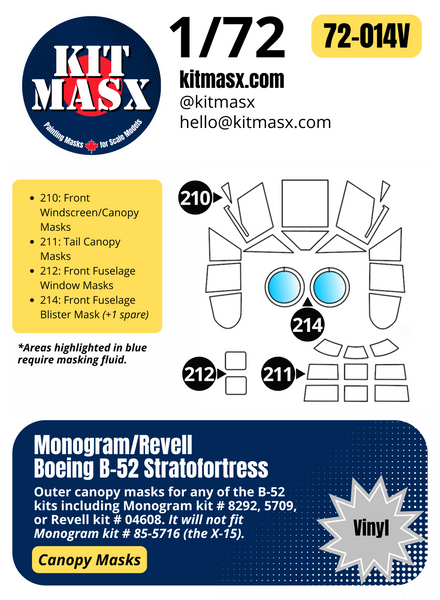 Monogram Boeing B-52 Stratofortress 1/72 Canopy Paint Masks, Kit # 8292