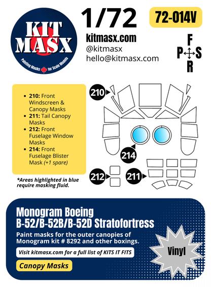 Monogram Boeing B-52/B-52B/B-52D Stratofortress 1/72 Canopy Paint Masks, Kit # 8292