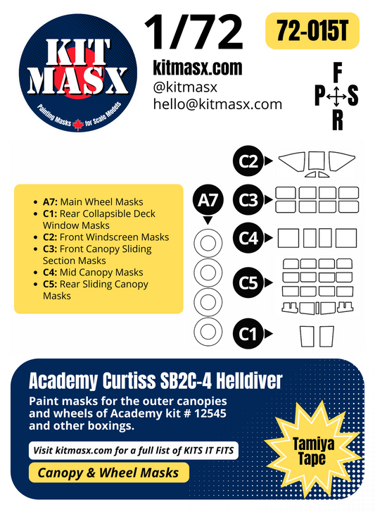 Academy Curtiss SB2C-4 Helldiver 1/72 Canopy & Wheel Paint Masks, Kit # 12545
