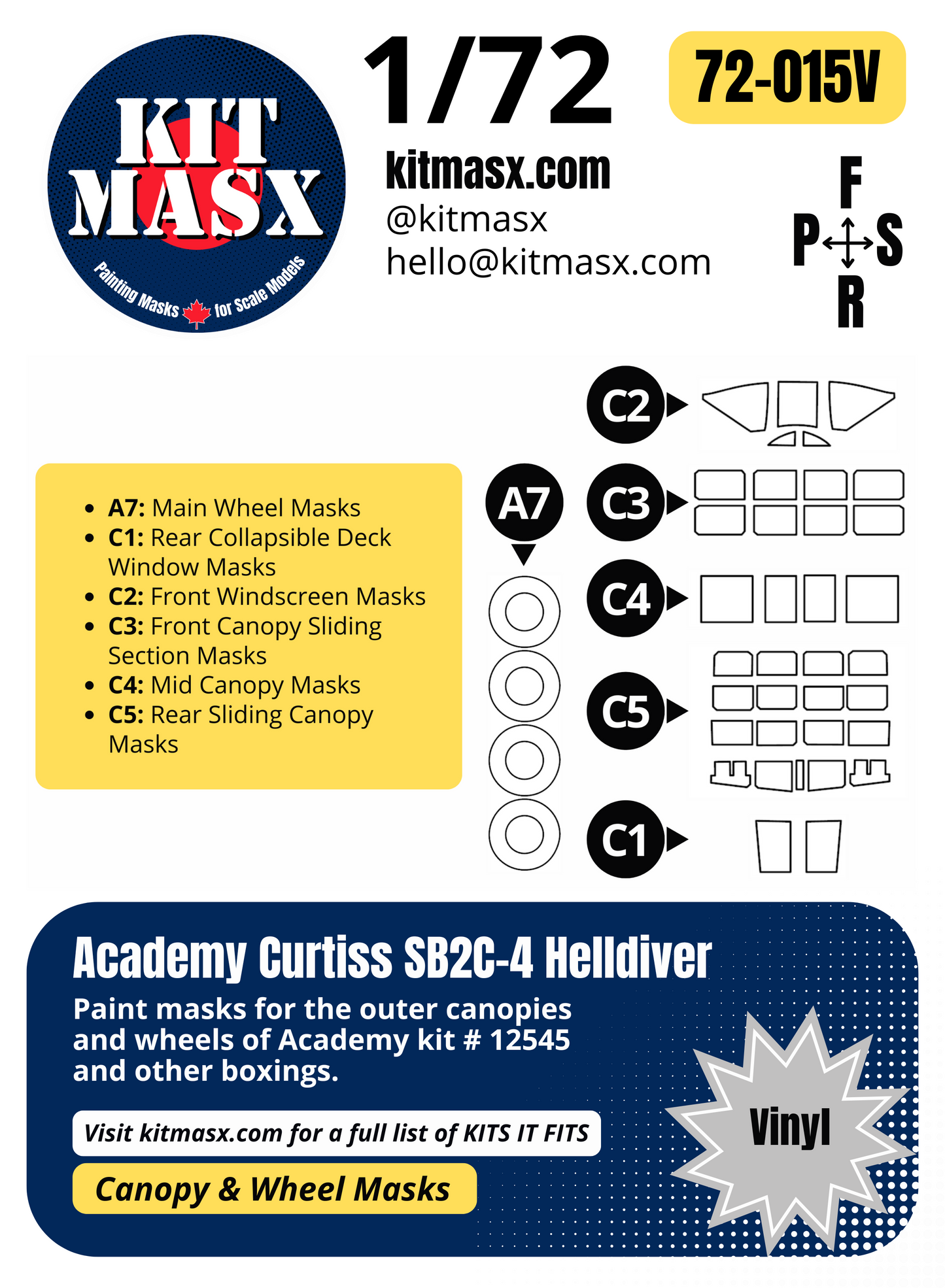 Academy Curtiss SB2C-4 Helldiver 1/72 Canopy & Wheel Paint Masks, Kit # 12545