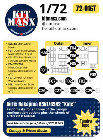 Airfix Nakajima B5N1/B5N2 “Kate” 1/72 Canopy & Wheel Paint Masks, Kit # A04060