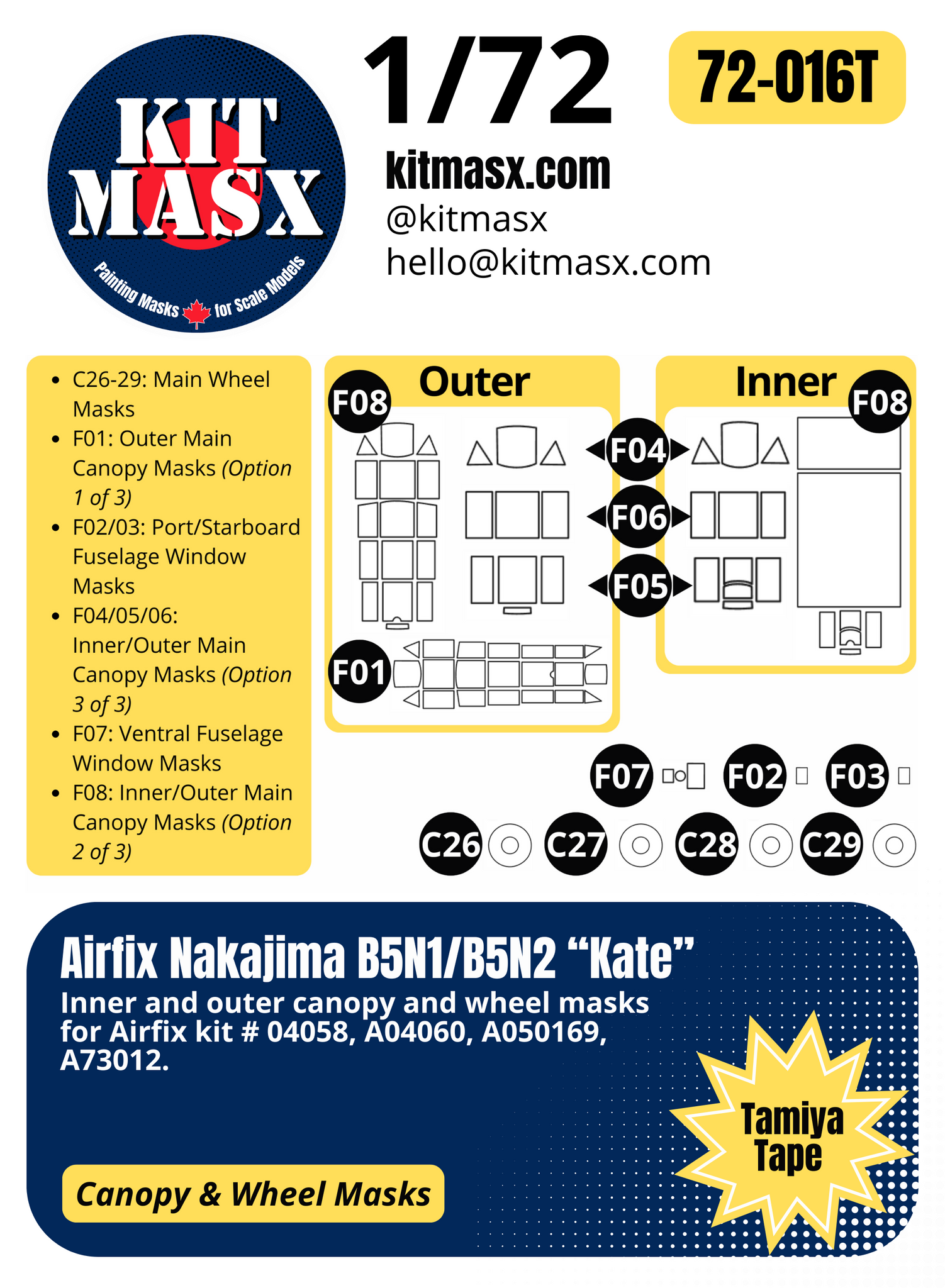 Airfix Nakajima B5N1/B5N2 “Kate” 1/72 Canopy & Wheel Paint Masks, Kit # A04060