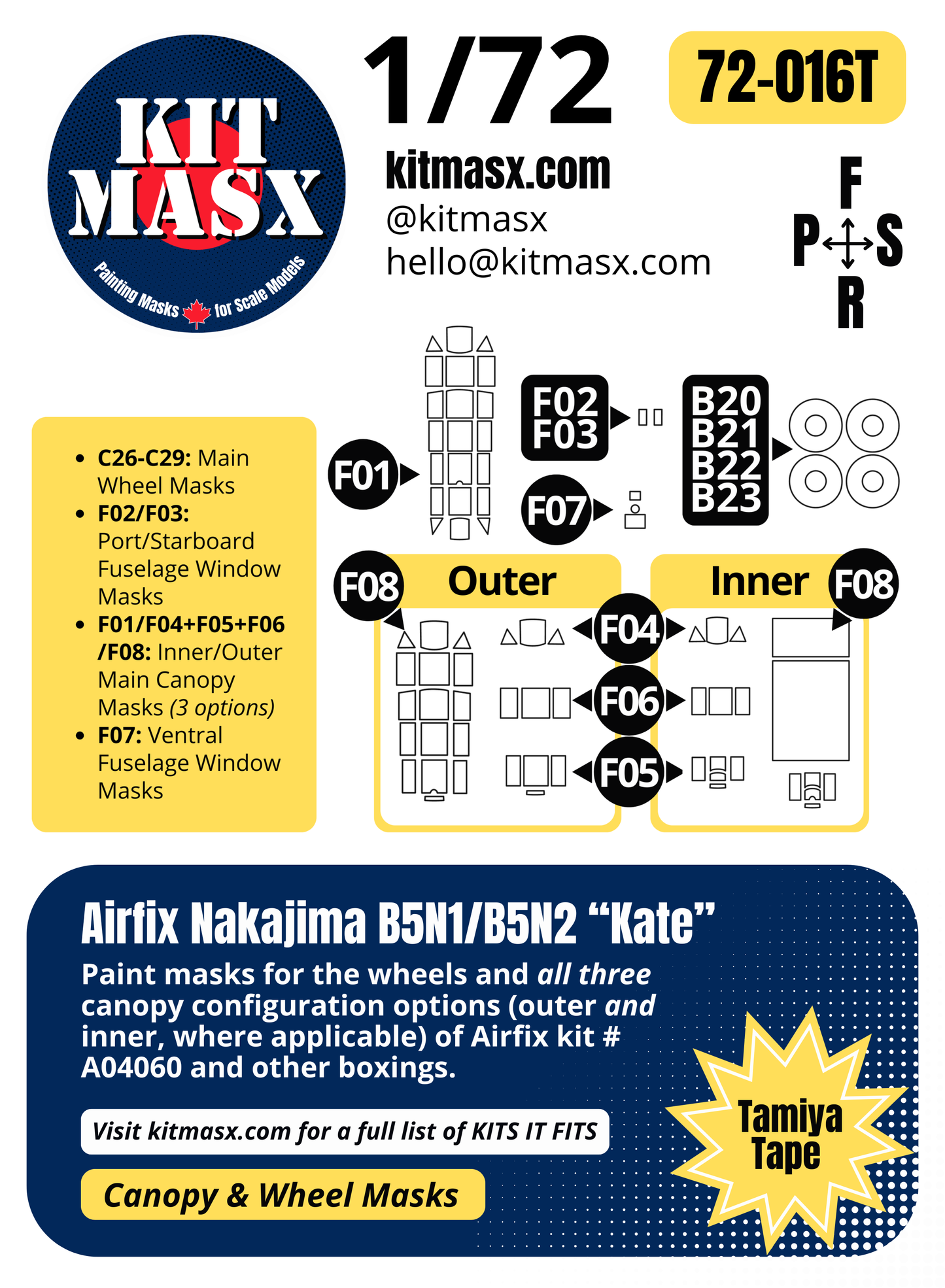 Airfix Nakajima B5N1/B5N2 “Kate” 1/72 Canopy & Wheel Paint Masks, Kit # A04060