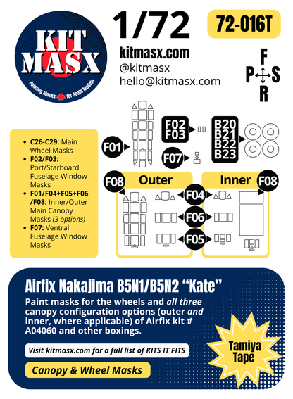 Airfix Nakajima B5N1/B5N2 “Kate” 1/72 Canopy & Wheel Paint Masks, Kit # A04060