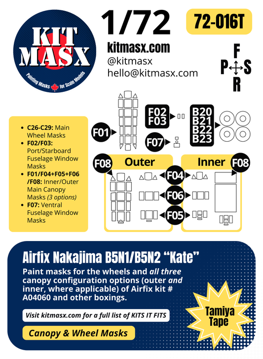 Airfix Nakajima B5N1/B5N2 “Kate” 1/72 Canopy & Wheel Paint Masks, Kit # A04060