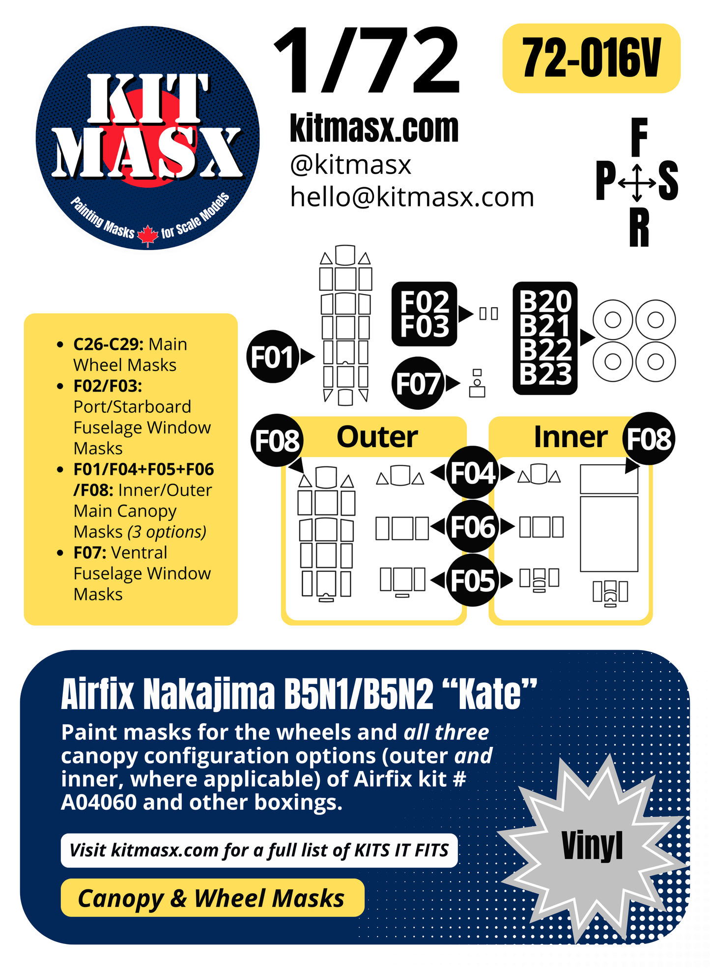 Airfix Nakajima B5N1/B5N2 “Kate” 1/72 Canopy & Wheel Paint Masks, Kit # A04060