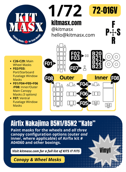 Airfix Nakajima B5N1/B5N2 “Kate” 1/72 Canopy & Wheel Paint Masks, Kit # A04060