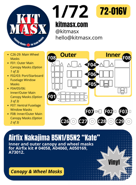 Airfix Nakajima B5N1/B5N2 “Kate” 1/72 Canopy & Wheel Paint Masks, Kit # A04060