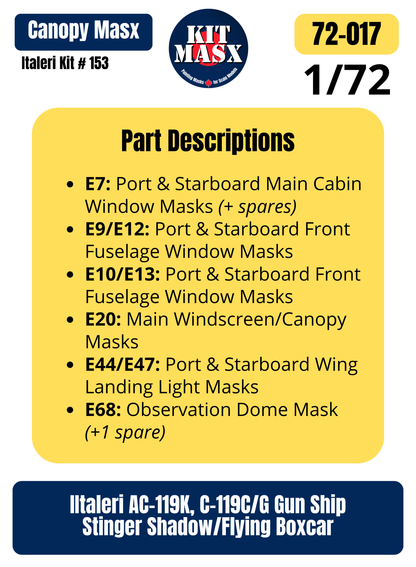 Italeri AC-119K, C-119C/G Gun Ship Stinger Shadow/Flying Boxcar 1/72 Canopy Paint Masks, Kit # 153 (72017)