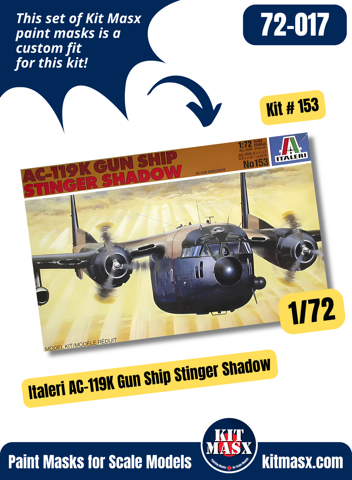 Italeri AC-119K, C-119C/G Gun Ship Stinger Shadow/Flying Boxcar 1/72 Canopy Paint Masks, Kit # 153
