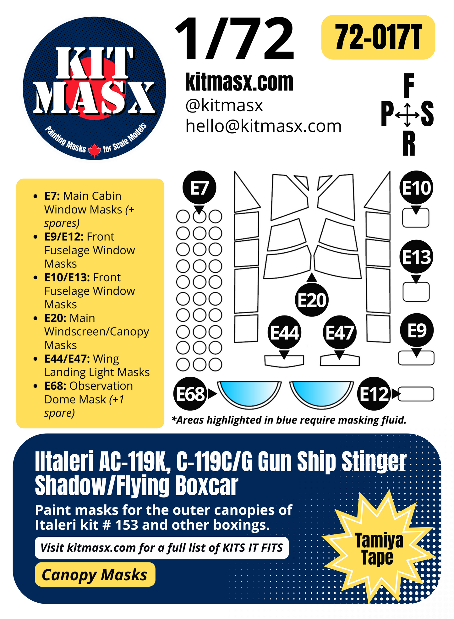 Italeri AC-119K, C-119C/G Gun Ship Stinger Shadow/Flying Boxcar 1/72 Canopy Paint Masks, Kit # 153