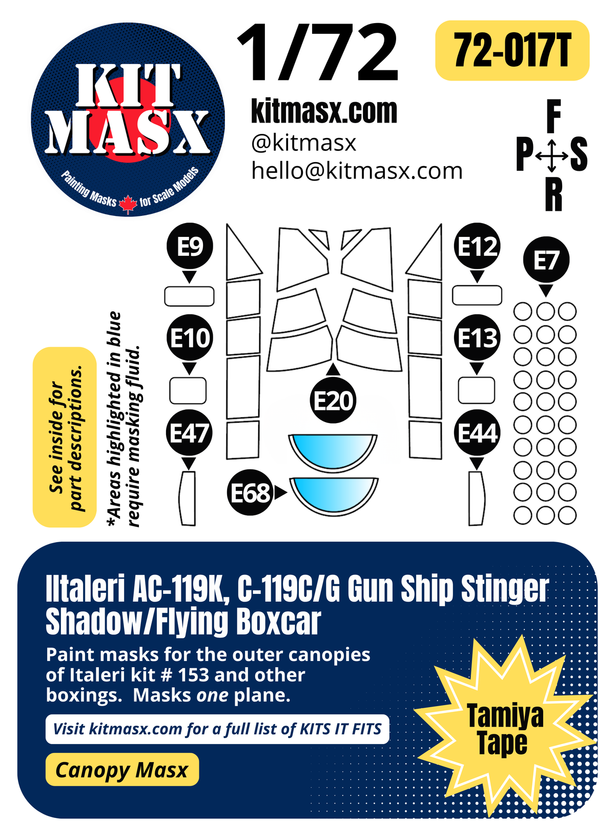 Italeri AC-119K, C-119C/G Gun Ship Stinger Shadow/Flying Boxcar 1/72 Canopy Paint Masks, Kit # 153 (72017)