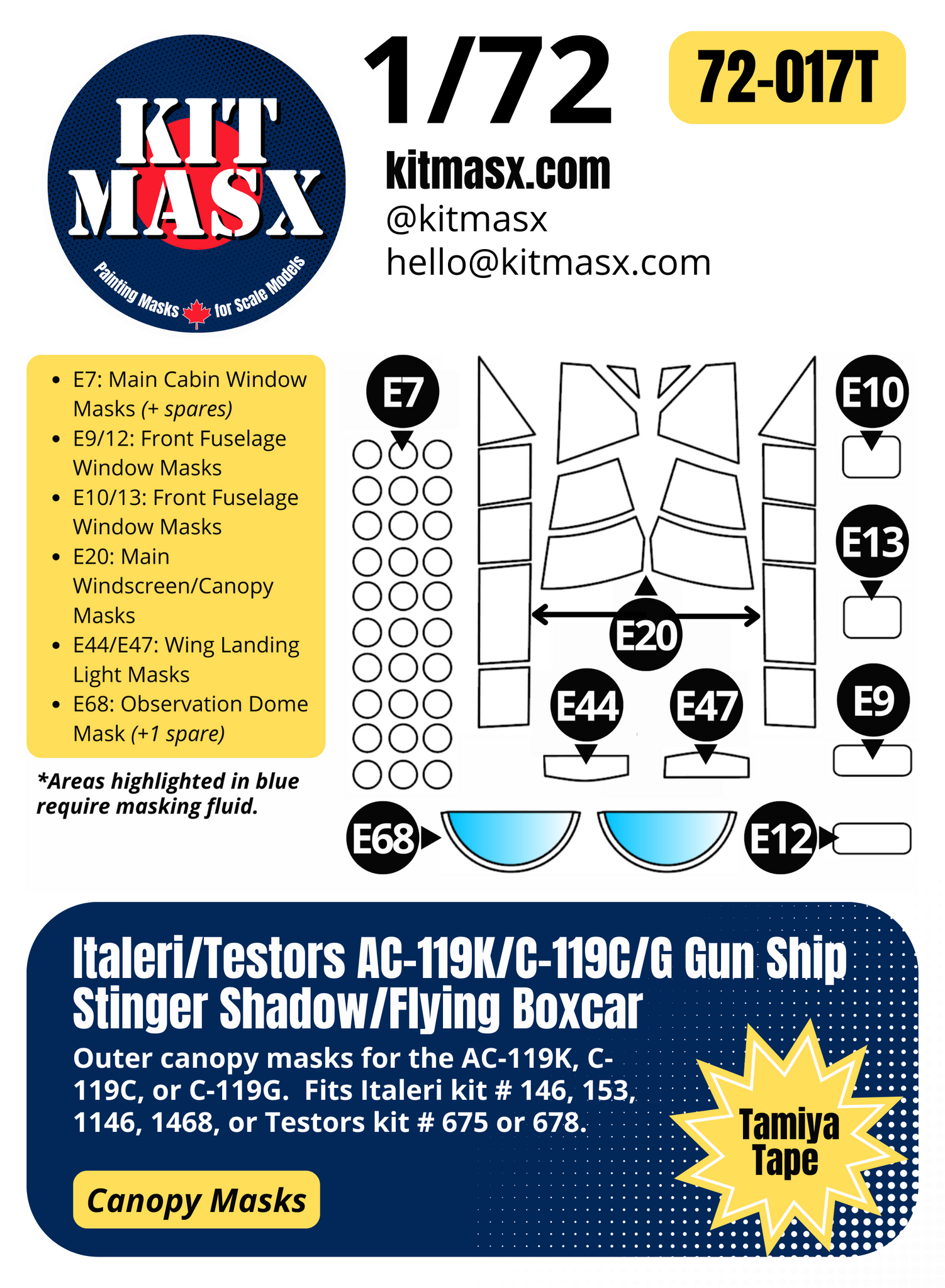 Italeri/Testors AC-119K/C-119C/G Gun Ship Stinger Shadow/Flying Boxcar 1/72 Canopy Paint Masks