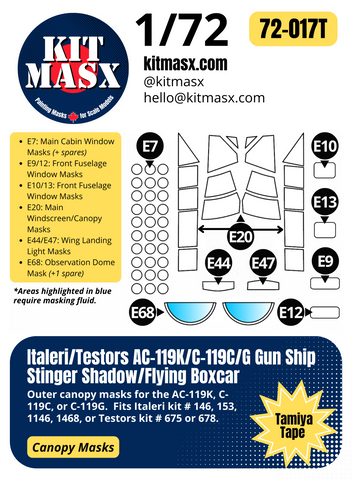 Italeri/Testors AC-119K/C-119C/G Gun Ship Stinger Shadow/Flying Boxcar 1/72 Canopy Paint Masks