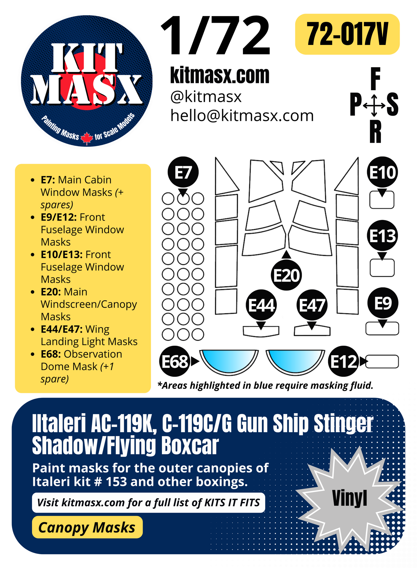 Italeri AC-119K, C-119C/G Gun Ship Stinger Shadow/Flying Boxcar 1/72 Canopy Paint Masks, Kit # 153