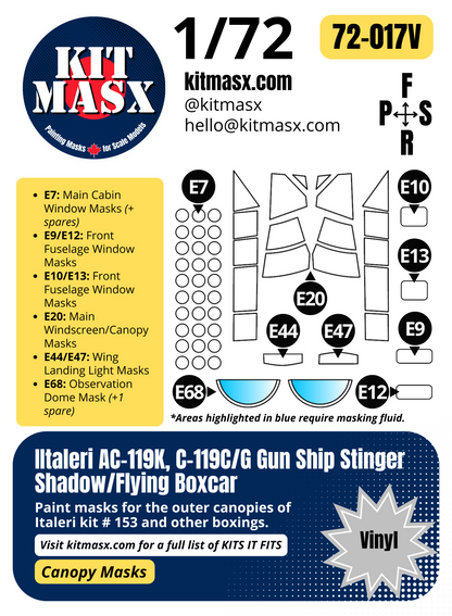 Italeri AC-119K, C-119C/G Gun Ship Stinger Shadow/Flying Boxcar 1/72 Canopy Paint Masks, Kit # 153