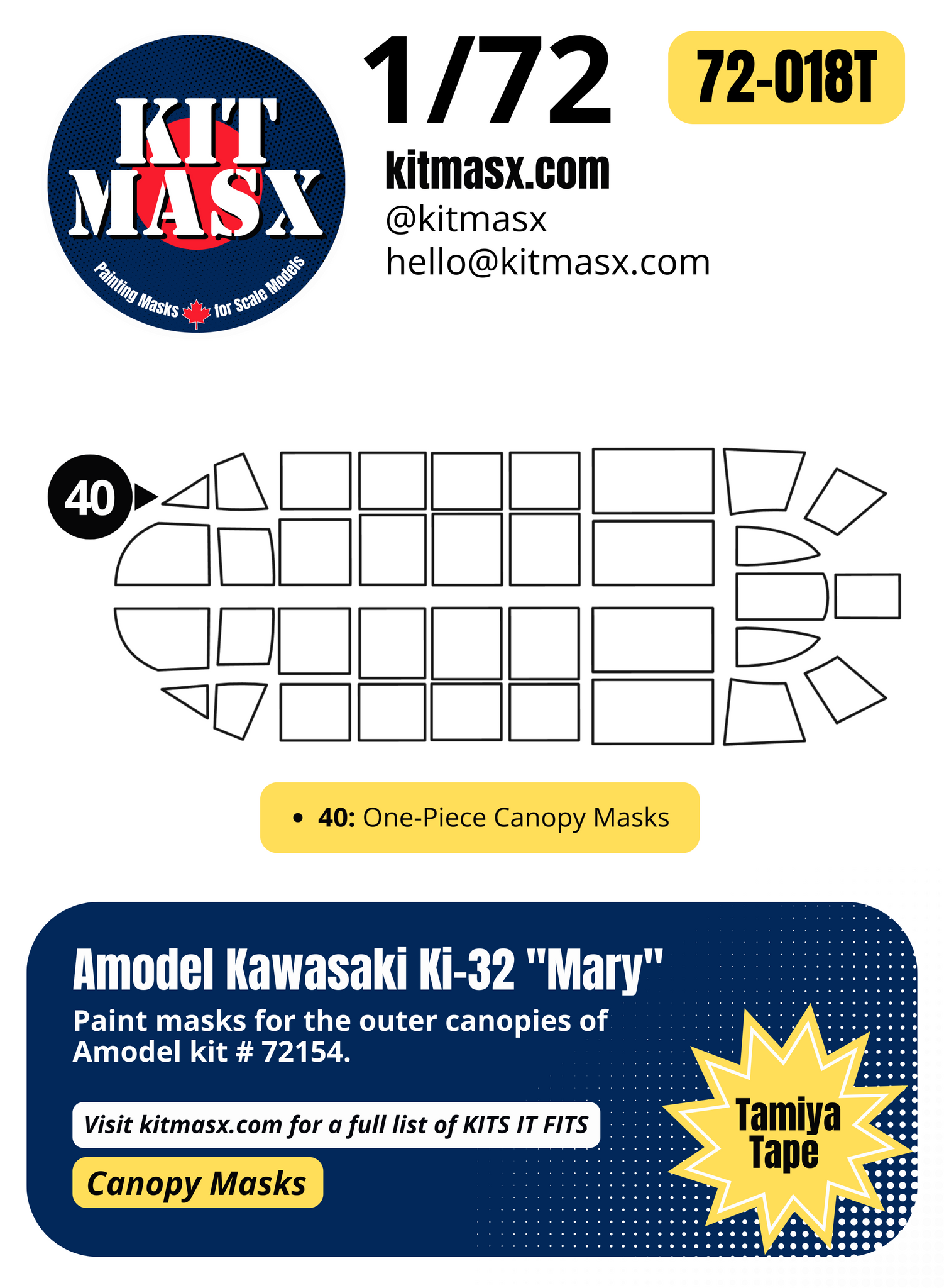 Amodel Kawasaki Ki-32 "Mary" 1/72 Canopy Paint Masks, Kit # 72154